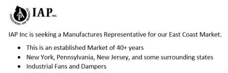 Industrial Fans and Dampers Manufactures Representative Career Job Opportunity
